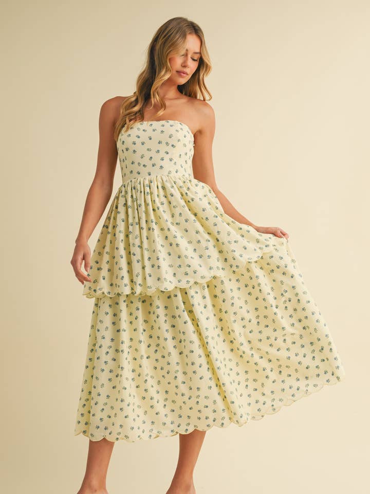 Klesis - Wholesale Dress - Women's - ID9056 FLORAL PRINT STRAPLESS TIERED MIDI DRESS