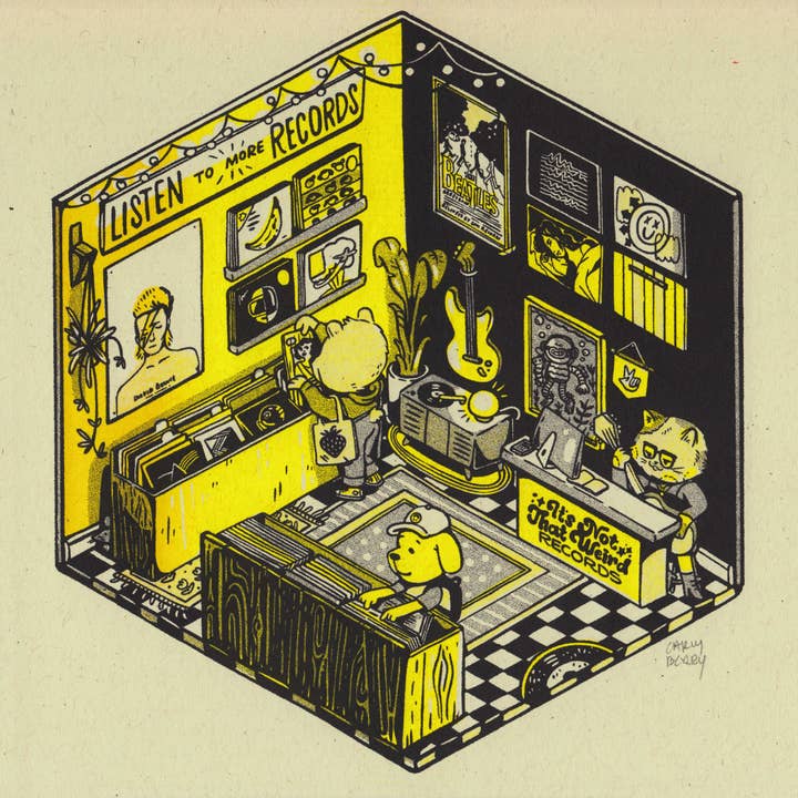 Record Store illustrated Riso print for wholesale by It's Not That Weird