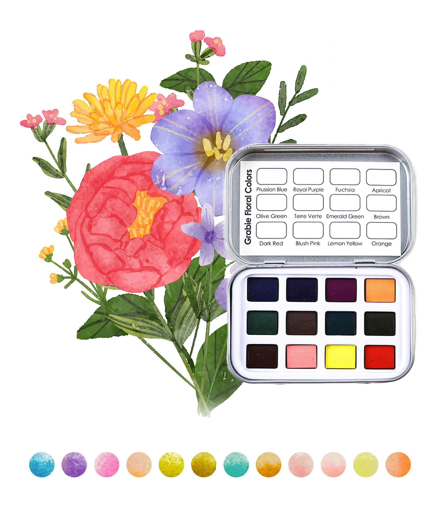 Grabie - Wholesale Watercolor Paint - Watercolor Pocket Set of 12 - Floral Colors1