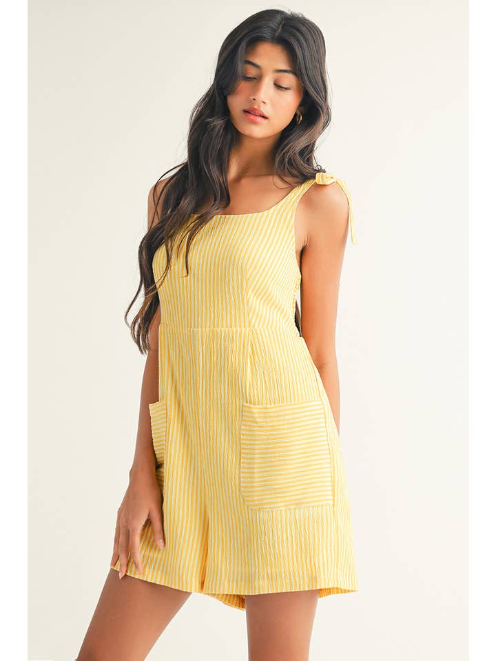 Yellow LDC Stripe Shoulder Tie Smocked Back Wide Leg Casual Romper for wholesale on Faire