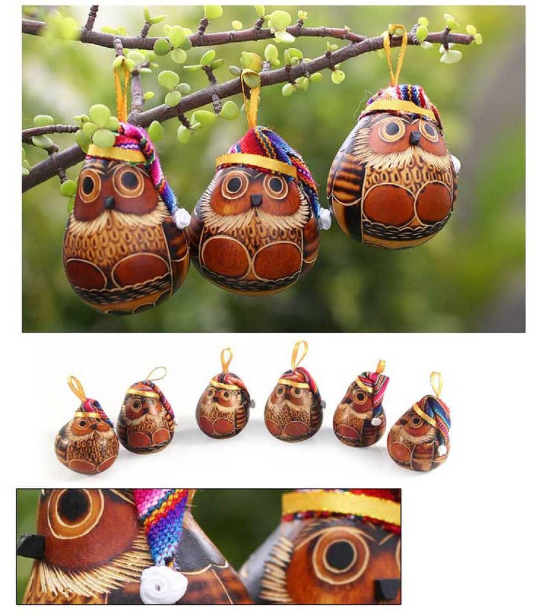 Sanyork Fair Trade - Wholesale Ornament - Dried Gourd Holiday Owl Christmas with Hat Ornament Peru