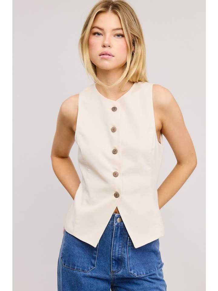 Mimosa - Wholesale Outerwear Vest - Women's - Open-Pack Button Down Sleeveless Round Neck Waistcoat Vest1