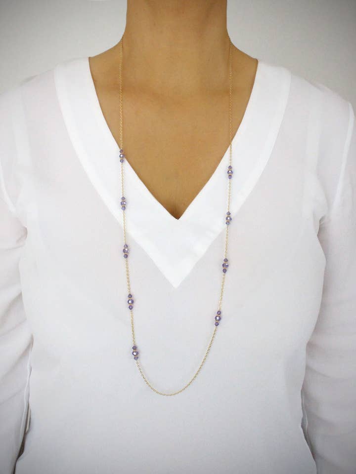 Lange, 18 Karat vergoldete Halskette mit Tansanit-Kristallen für den Großhandel von DIGE DESIGNS