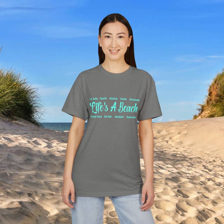 Unisex Sueded Graphic Tee – Life’s A Beach – Coastal Design Cotton Shirt for wholesale by Restored By Nature Company
