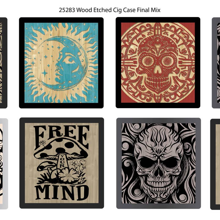 Novelty Brands - Wholesale Humidor/Cigar Accessory - Engraved Wood Cigarette Case Assortment- 8/Display