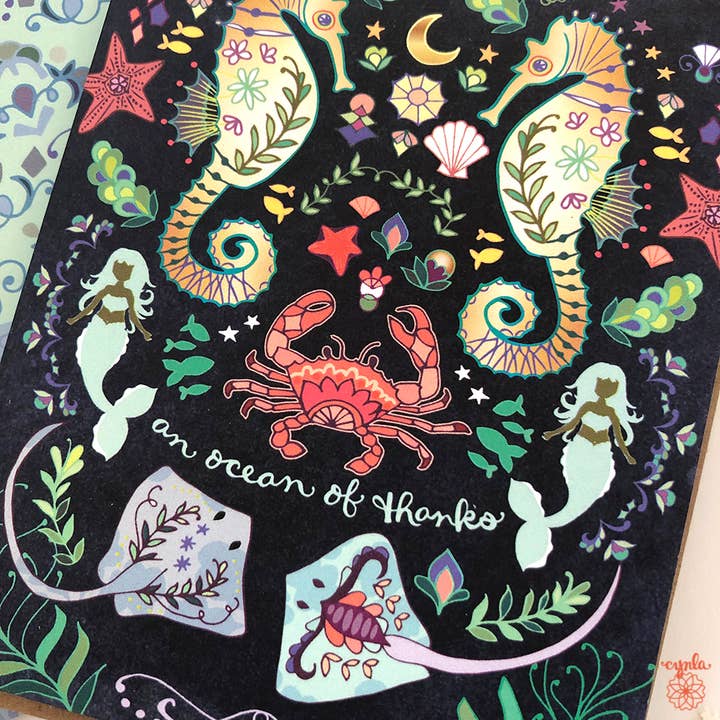 Cynla – Engroshandel Takkekort – Tak Ocean lykønskningskort- havet havfrue søhest krabbe1