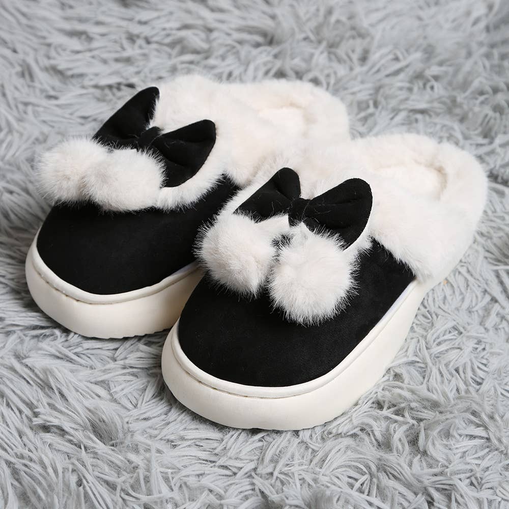 Sensibling Corp. - Wholesale Slippers - Women's - Bow Pom Pom Pointed Faux Suede Indoor Floor Slippers12
