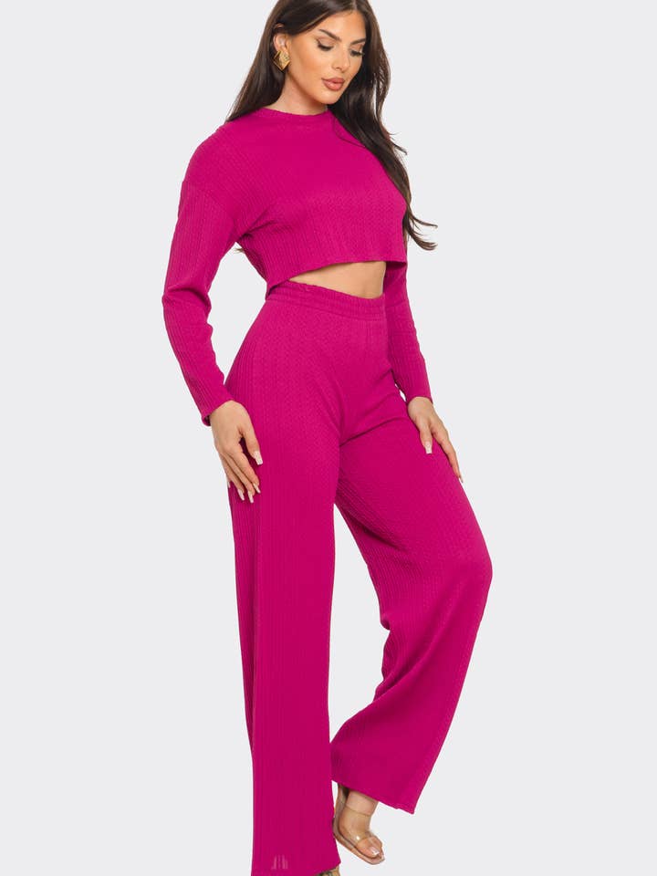 Julia by LoveJ - Wholesale Top & Pant Set (NOT Loungewear) - Women's - Braid Jacquard Round Neck Solid Top And Pants Set