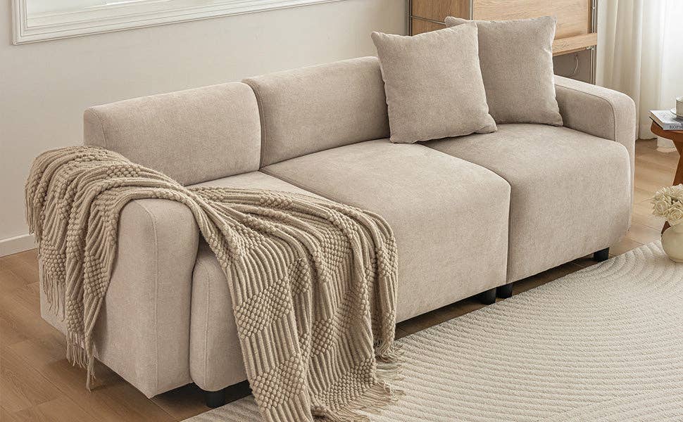 Urban Meuble - Wholesale Sofa - Modern sofa upholstered in beige chenille fabric 3-seater with cushions SHIDADS BEIGE 3 SEATS6