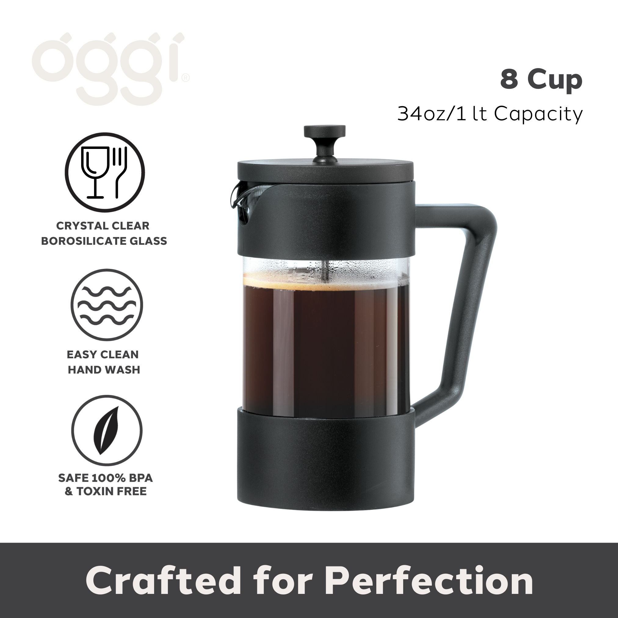 Oggi – Großhandel French Press – French Press 8 Tassen Borosilikat-Kaffeemaschine (1 l, 34 oz)1