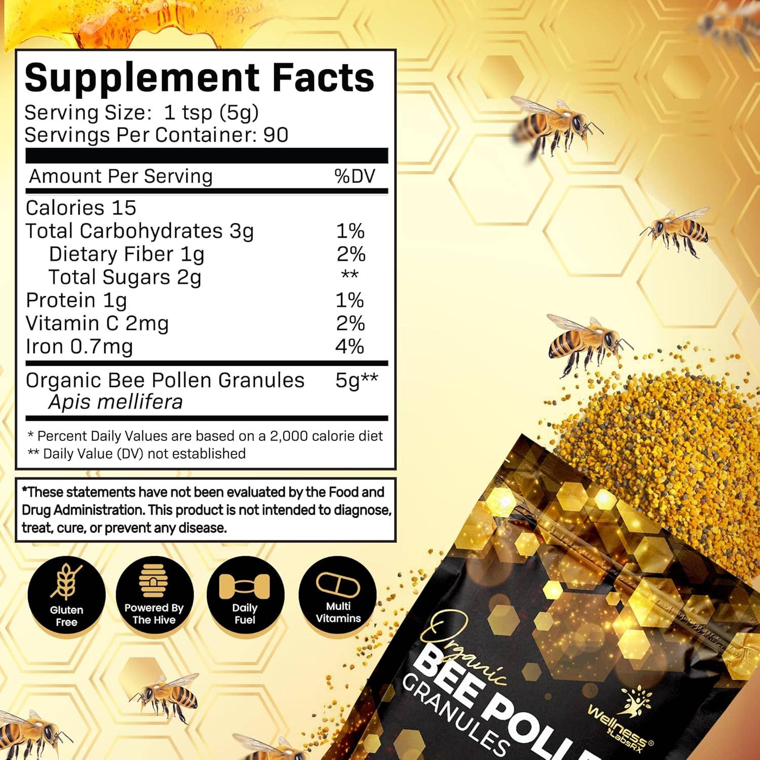 Health & Wellness Associates Inc. - Wholesale Protein/Superfood Powder - Organic Bee Pollen 5g Per Serving – 90 Servings – 1 Lbs.1