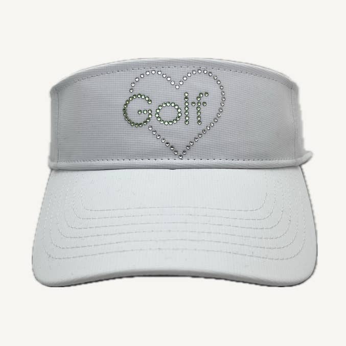 Serena Sport Tech Visor with Crystal "Golf" Heart for wholesale by dolly mama designs, inc