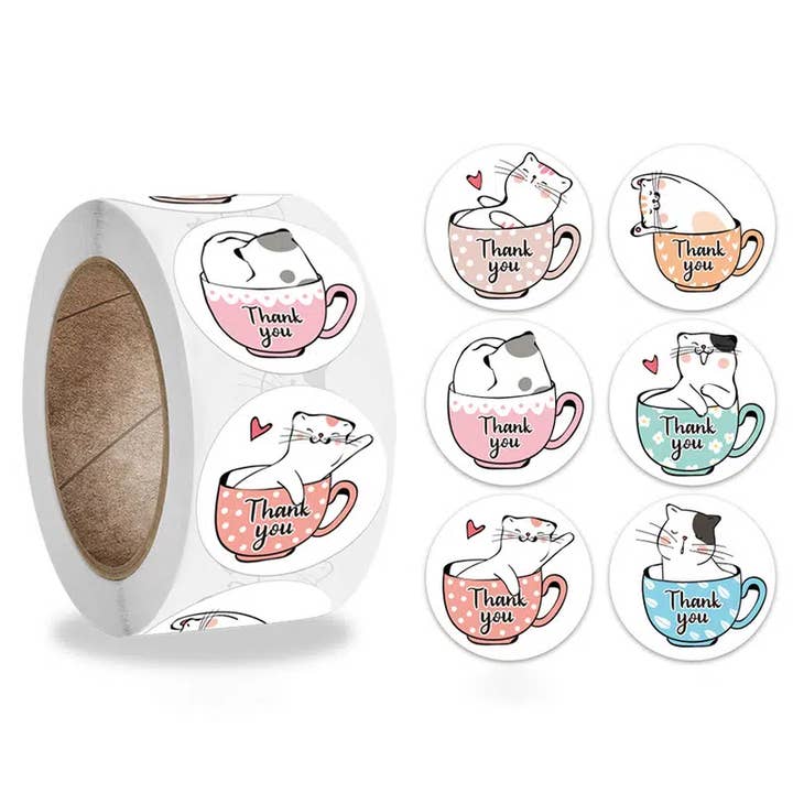 Magnifique Hearts - Wholesale Sticker - Cute Kitty Cat 500 Pc "Thank You" Sticker Roll - 1' Round1