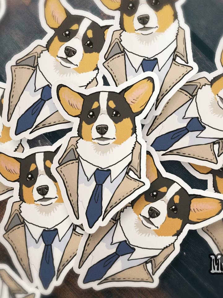 Vinyl Sticker - Tri Colored Corgi Castiel Serious Business Corgi - Waterbottle Laptop Scrapbook Planner Bujo Gift Waterproof Matte or Holo for wholesale by Misty Figs