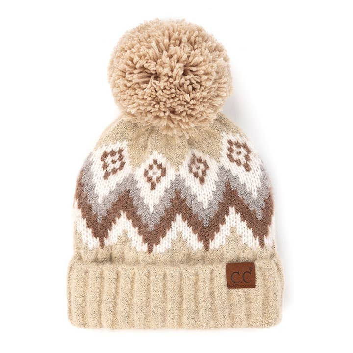 Hana - Wholesale Beanie – Women's - C.C Soft Aztec Pattern Beanie With Knit Pom2