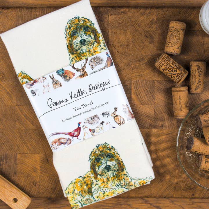 Cockapoo Dog Hand Printed Tea Towel for wholesale by Gemma Keith Designs