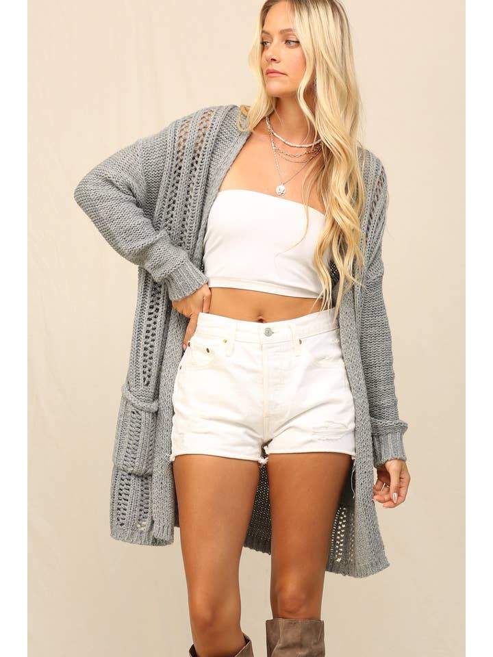 KyeMi - Vente Cardigan – femme - Long cardigan en maille douce avec poche latérale15