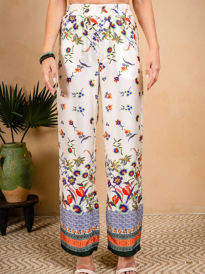 3038-MAP Pantalon à enfiler à imprimé floral crème avec bordure pour la vente par Paparazzi