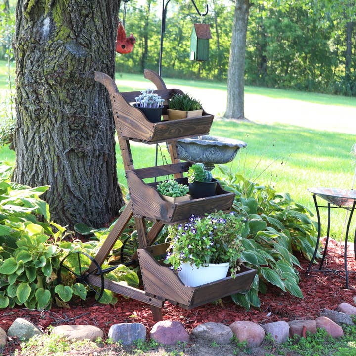 Sunnydaze Decor - Wholesale Planter Box - 39.25 in 3-Tier Wood Rolling Planter Box with Wheels - Brown