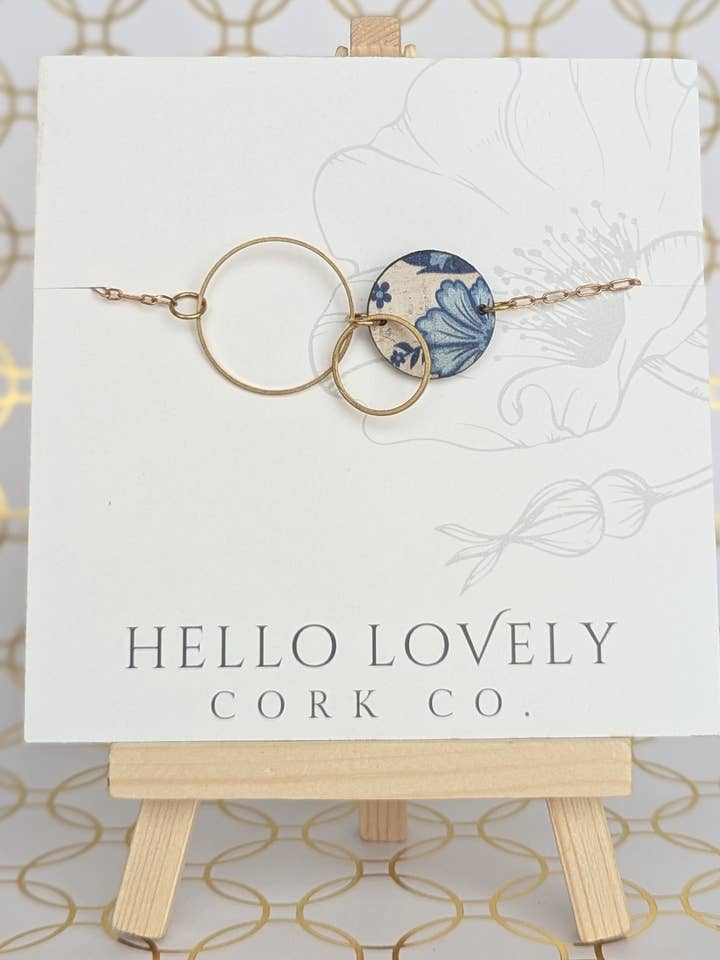 Brass Circle Necklace - Blue and White Floral for wholesale by Hello Lovely Cork Co.