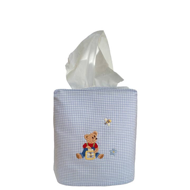 Blue Gingham Tissue Box Cover With Teddy Bear for wholesale by Gordonsbury