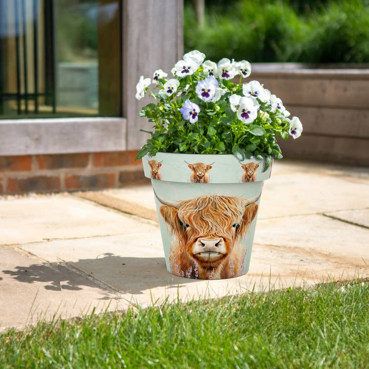 Vaso Zest da 30 cm, motivo: mucca delle Highland per la vendita all'ingrosso da parte di CREEKWOOD GARDEN AND GIFT LTD