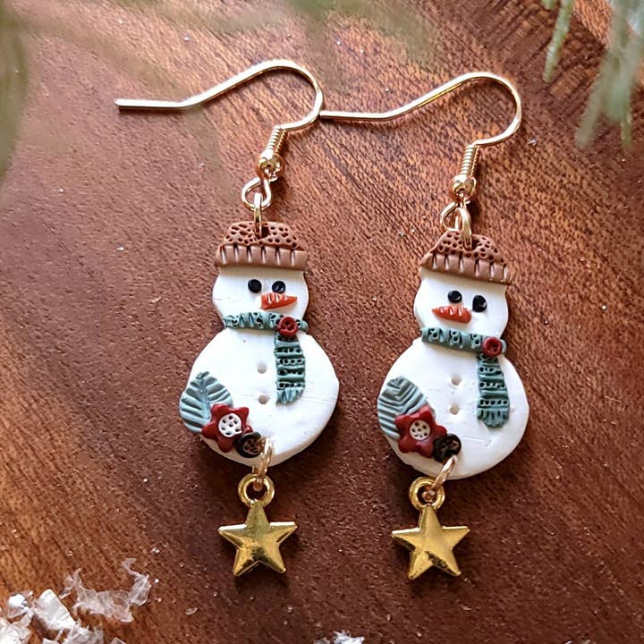 Festive Holiday Gold Star Snowman Clay Earrings for wholesale by Foxy Method