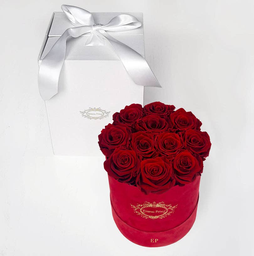 Eternal Petals - Venta al por mayor Flores artificiales - Rosa real preservada que dura años, roja redonda (rojo intenso)1