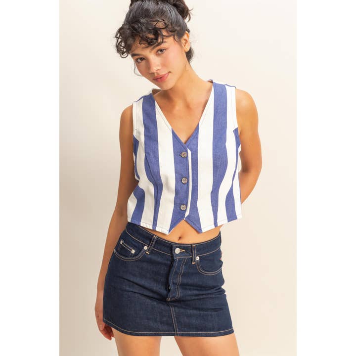 HYFVE - Wholesale Outerwear Vest - Women's - DZ25A806-Woven Striped V-Neck Sleeveless Vest