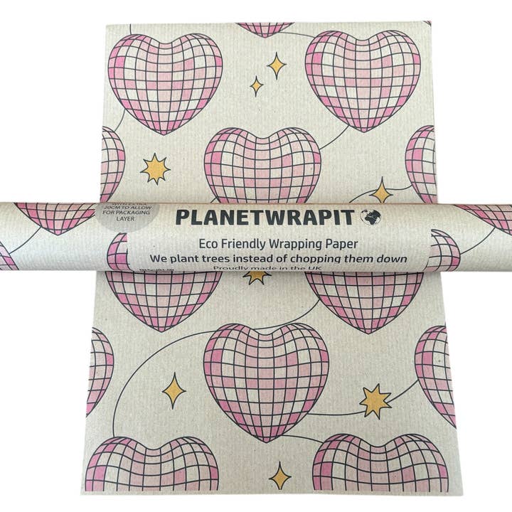 Disco Hearts Recycled Kraft Wrapping Paper Gift Wrap for wholesale by PlanetWrapIt