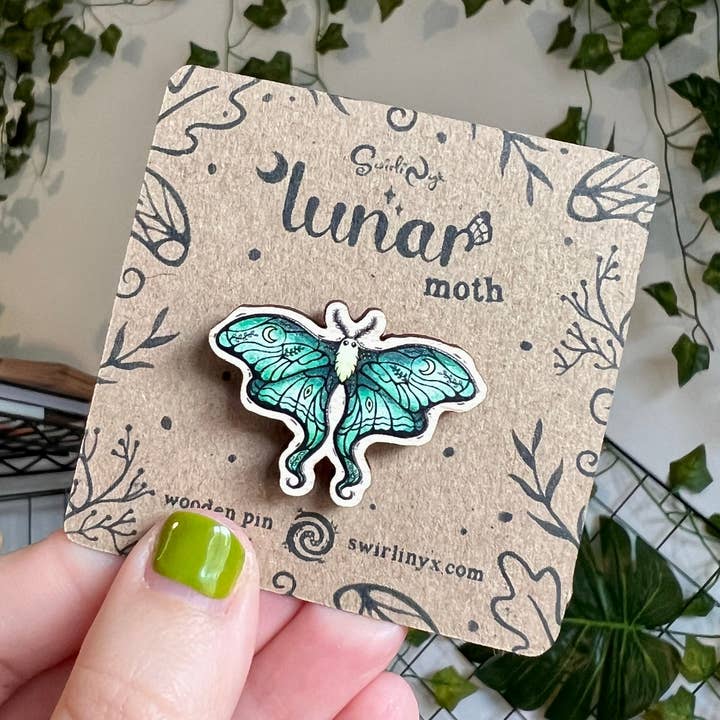 Lunar Moth Wooden Pin for wholesale by SwirliNyx