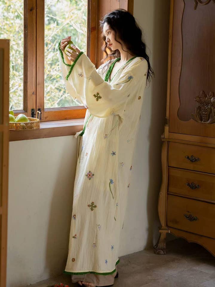 Embroidered Gauze Cotton Robe: Floral Kimono Bathrobe - Cream & Green for wholesale by Lian Collection