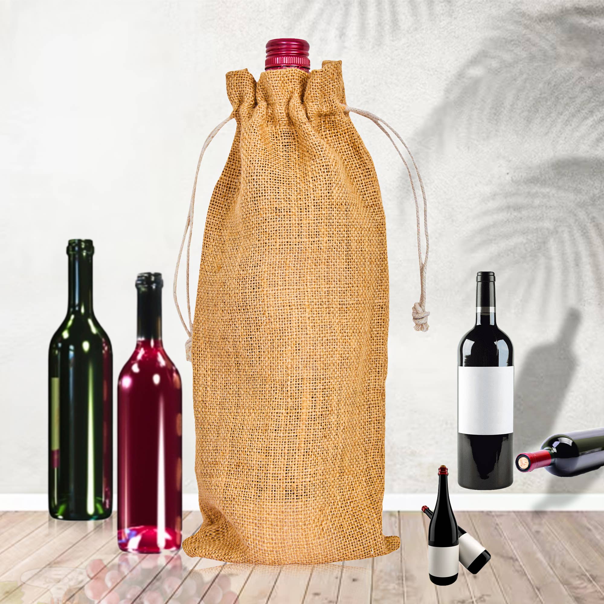 ecojutebags – wholesale Wine gift bag – 12-Pack Burlap Jute Wine Bags – Drawstring Bottle Covers1