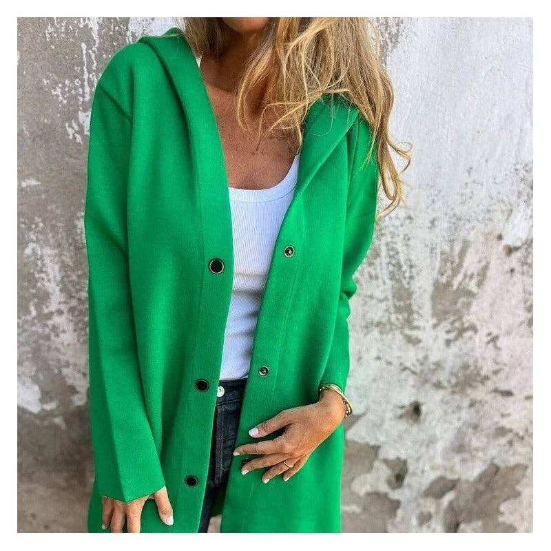 UZ Wholesale Store – Blusão - Mulher por atacado – Casaco de tricô casual com capuz e abotoamento simples em cor sólida6