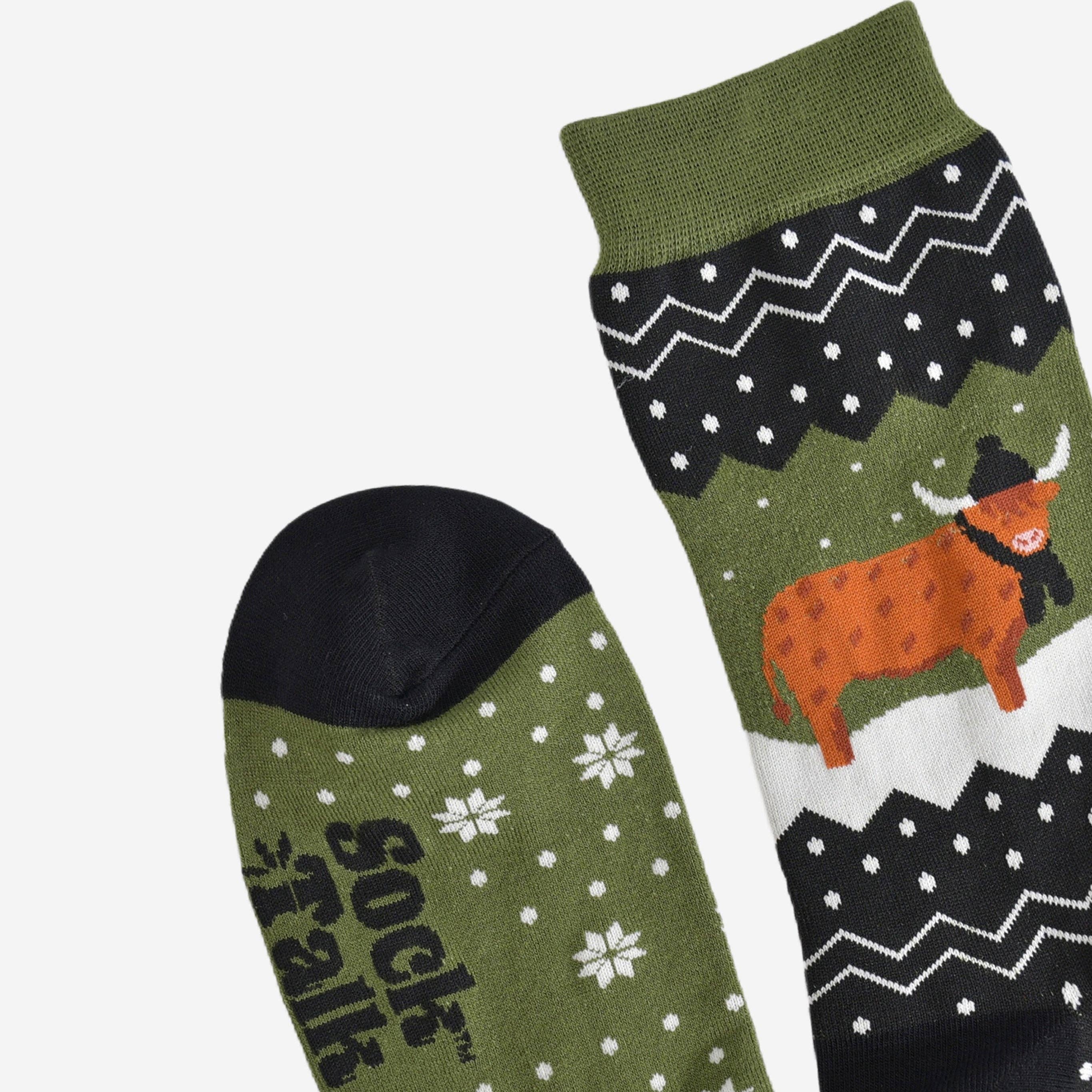 Sock Talk - Wholesale Socks - Men's - Men's Bamboo Socks - Green/Black, Winter Highland Cow1