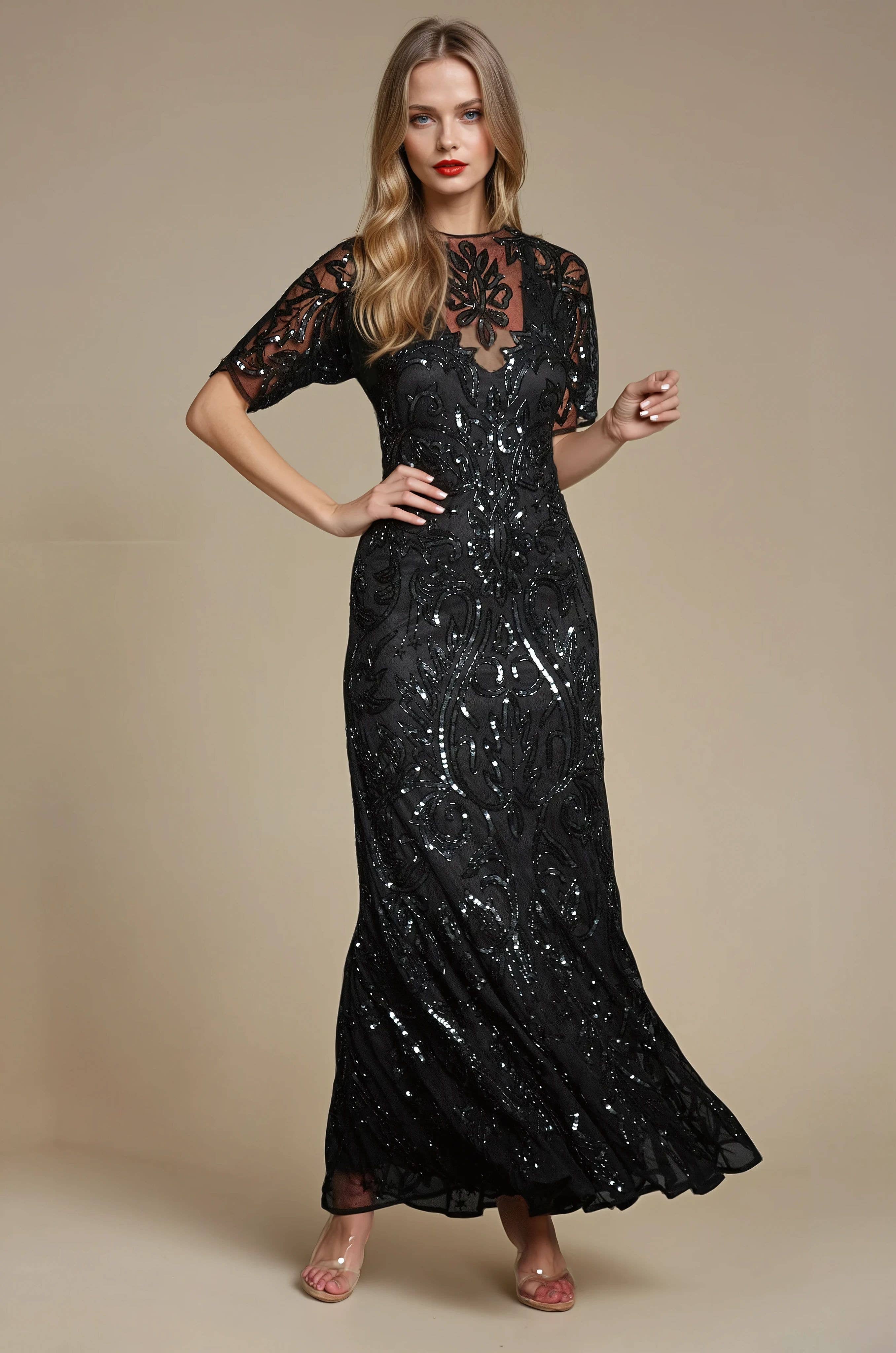 Jywal London® – Vestido - Mulher por atacado – Vestido de Noite Maxi Preto com Enfeites dos Anos 1920 Lilly2