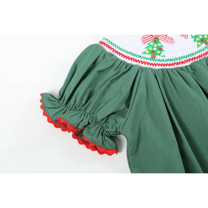 Lil Cactus - Wholesale Dress - Kids - Green Christmas Tree Smocked Bishop Dress4
