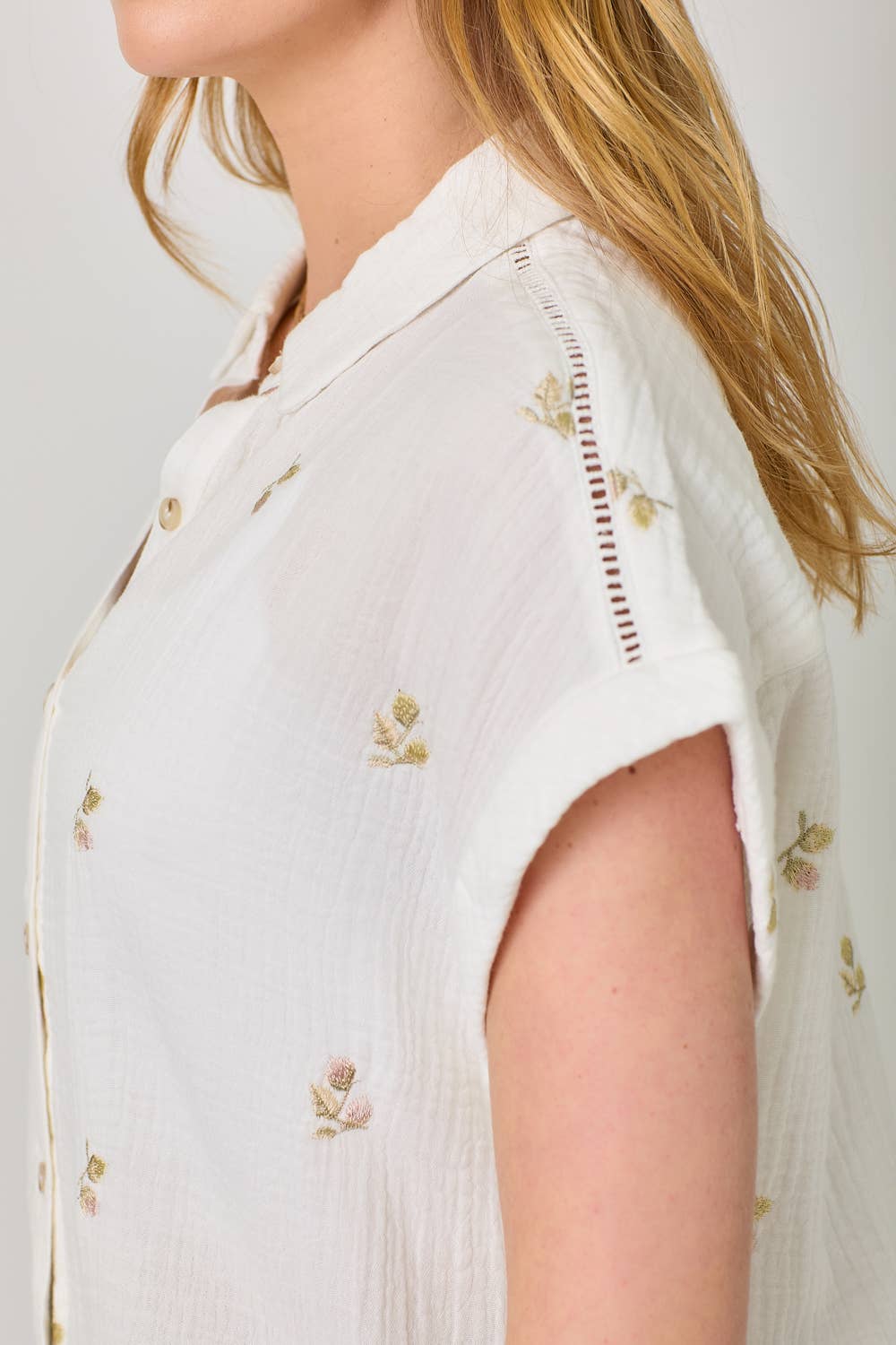 Mystree - Vente Chemise à col boutonné – femme - Haut brodé lavé 6095827