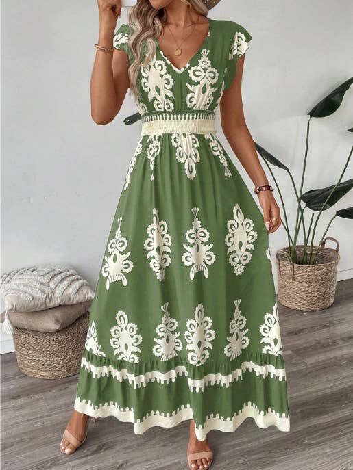 Rosa Clothing - Wholesale Dress - Women's - Boho Ethnic Print Ruffled Sleeve V-Neck Dress