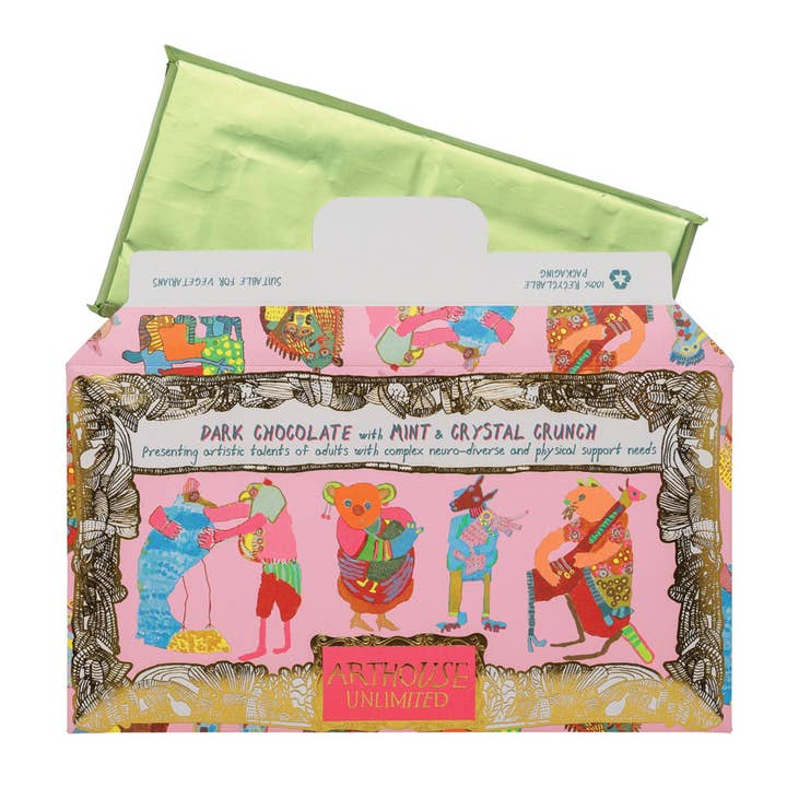 ARTHOUSE Unlimited - Wholesale Chocolate Bar - Hugging Animals, Dark Chocolate with Mint & Crystal Crunch
