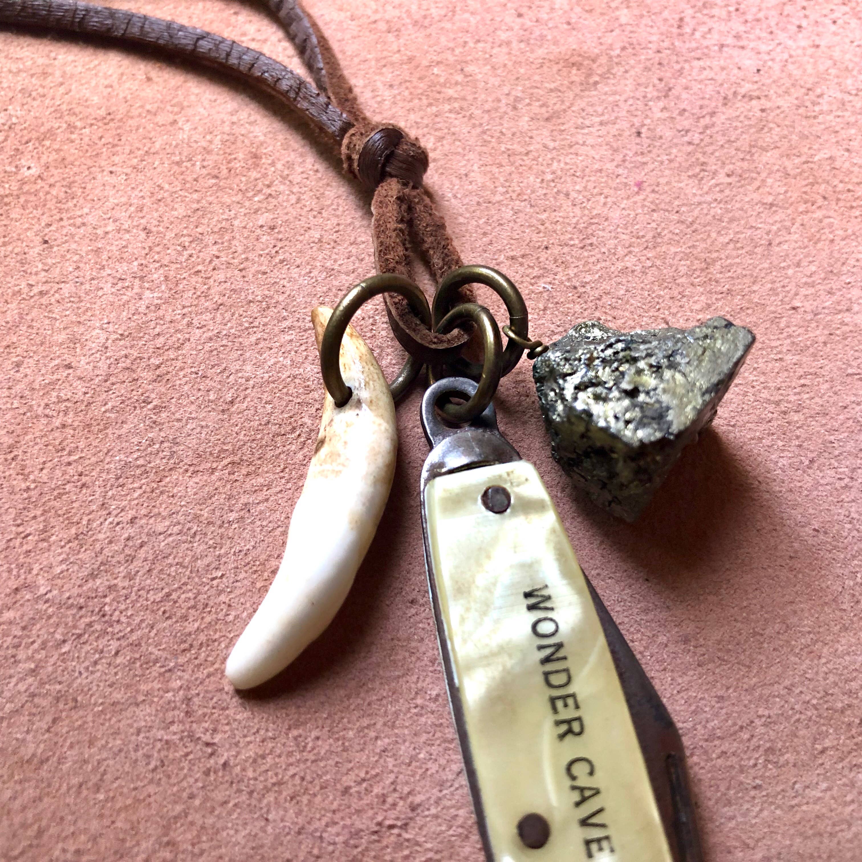 ASTALI - Wholesale Pendant/Charm Necklace - Vintage Pocket Knife & Coyote Tooth Necklace, Pyrite, Real7
