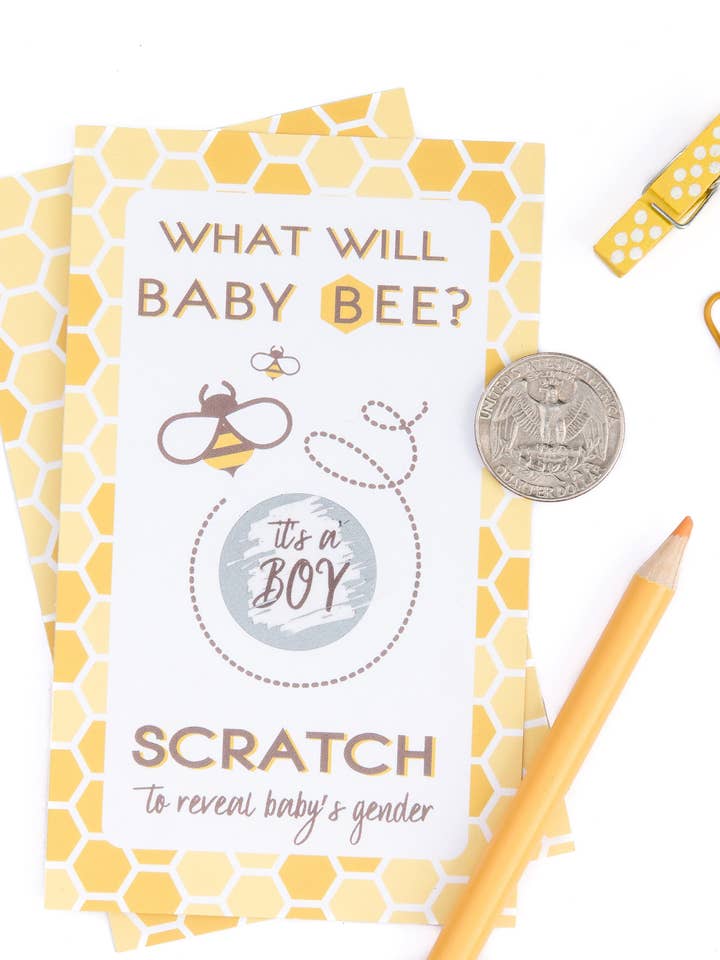 Cartes à gratter révélatrices de genre, What Will it Bee Gender Reveal, Gender Reveal Party, garçon ou fille, jeu de fête prénatale, carte imprimée pour la vente par Paprika Paperie
