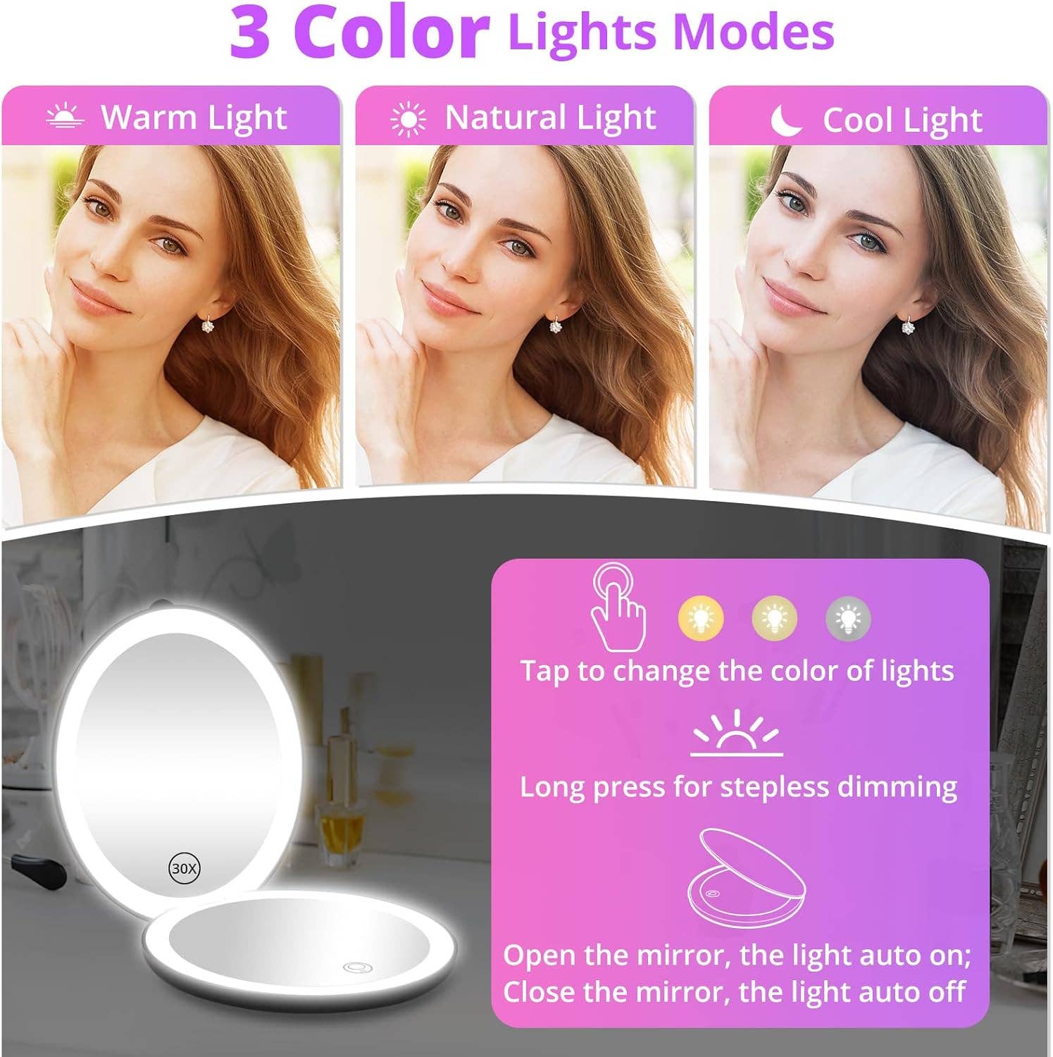  Pack Mix Match Colors  Led Lighted Folding Small Mirror with 3 Color Light for wholesale on Faire8