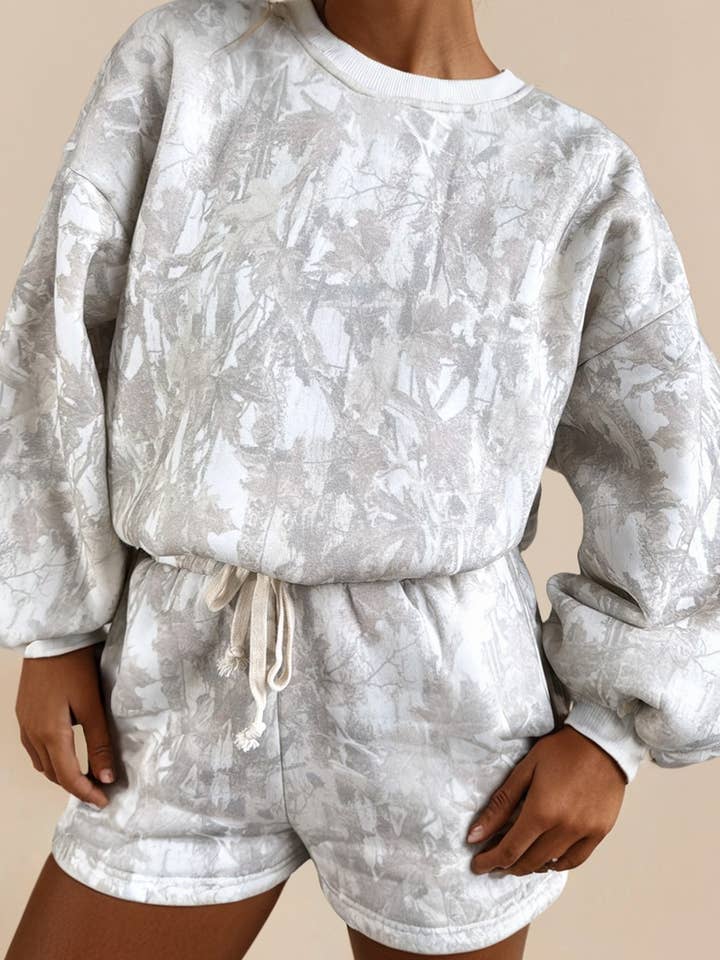 Camouflage Print Round Neck Drop Sleeve Shorts Set for wholesale by LA Society