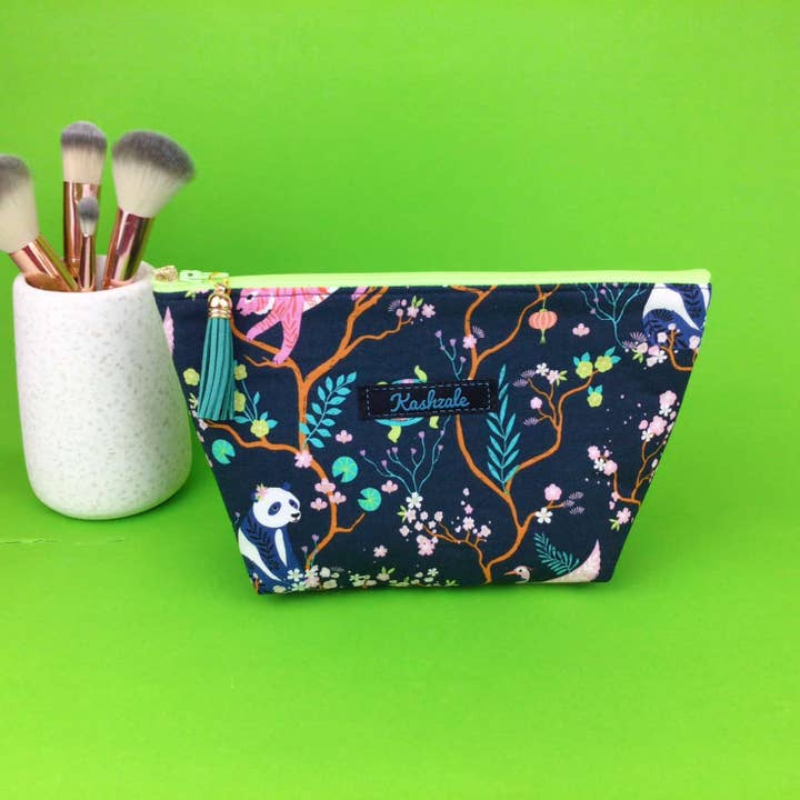 Navy Pandas and Tigers Medium Cosmetic Bag. Navy Cosmetic Bags for wholesale by Kashzale Handmade Cosmetic Bags
