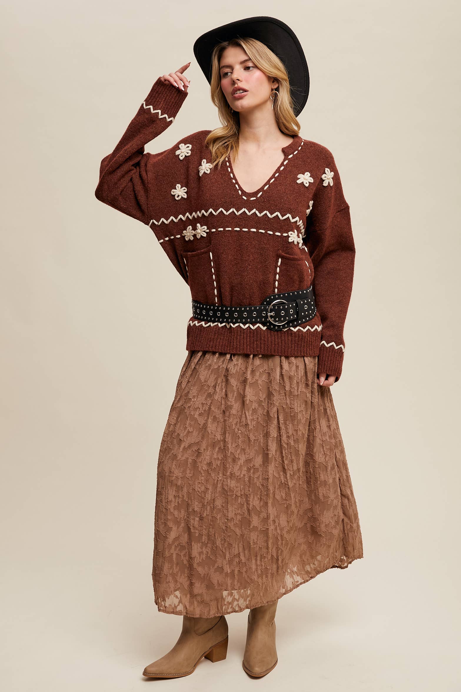 Listicle – wholesale Knitted jumper – Women′s – Floral Embroidered Knit Sweater LSW09787