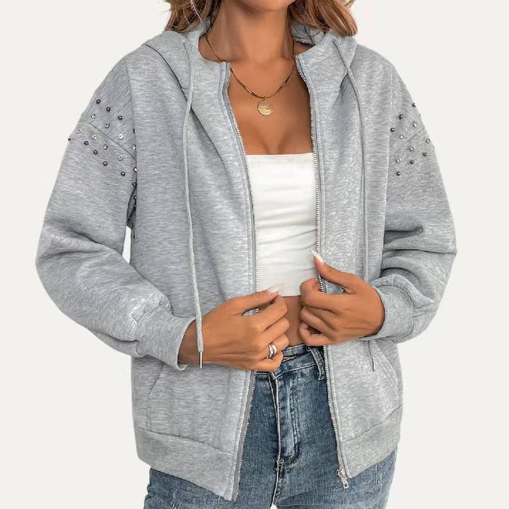 Chaqueta deportiva gris con capucha, cuello de forro polar y cremallera con cuentas. para venta al por mayor de The Moment Collection