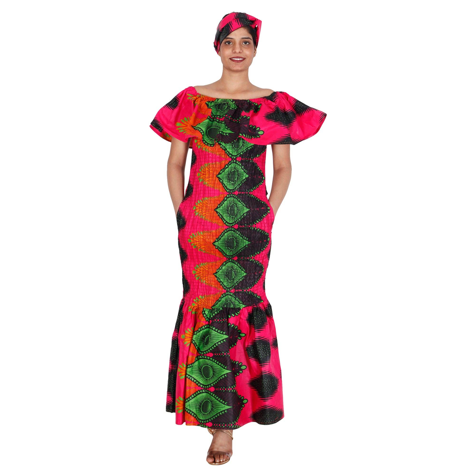 African Stars - Wholesale Dress - Women's - Women's Printed Smocking Off Shoulder Mermaid Dress - FI-P5007710