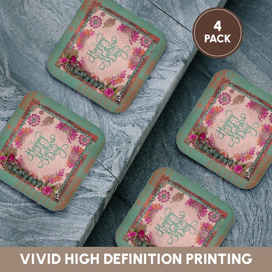 3dRose – wholesale Coasters – 3dRose, Image of Happy Mothers Day, Flora Frame, Pink, Green, Coaster12