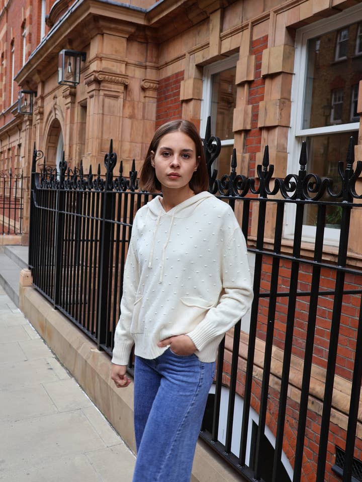Frankie - Lightweight Hooded Jumper In Cream for wholesale by Y LONDON